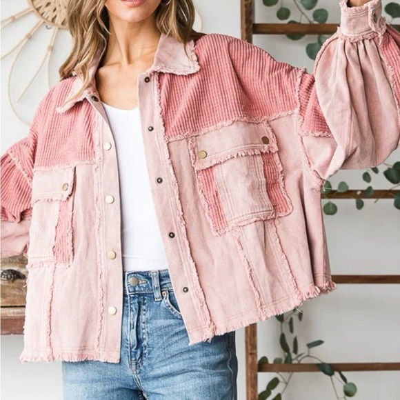 Oli & Hali Washed Fabric Mixed Crop Jacket-Blush - Picture 2 of 6